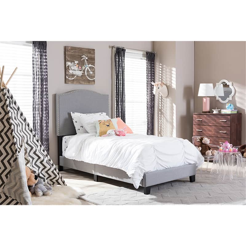 Modern Twin Bed - Upholstered Arch Platform Bed with Nailhead Detail - Linen Fabric Bedroom Furniture