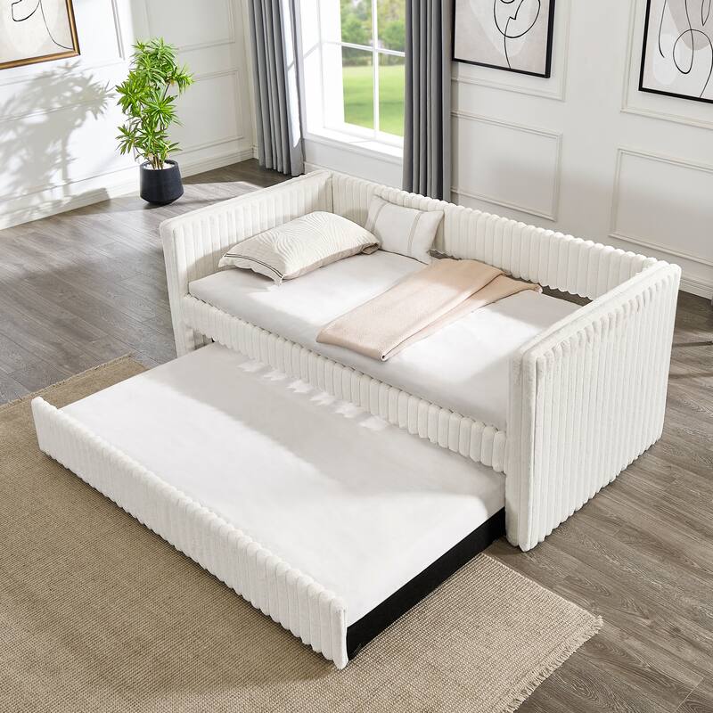 Twin Size Daybed, Upholstered Sofa Bed, The Bottom Pulls out to Form a Bed, Plaid Corduroy Fabric - Beige