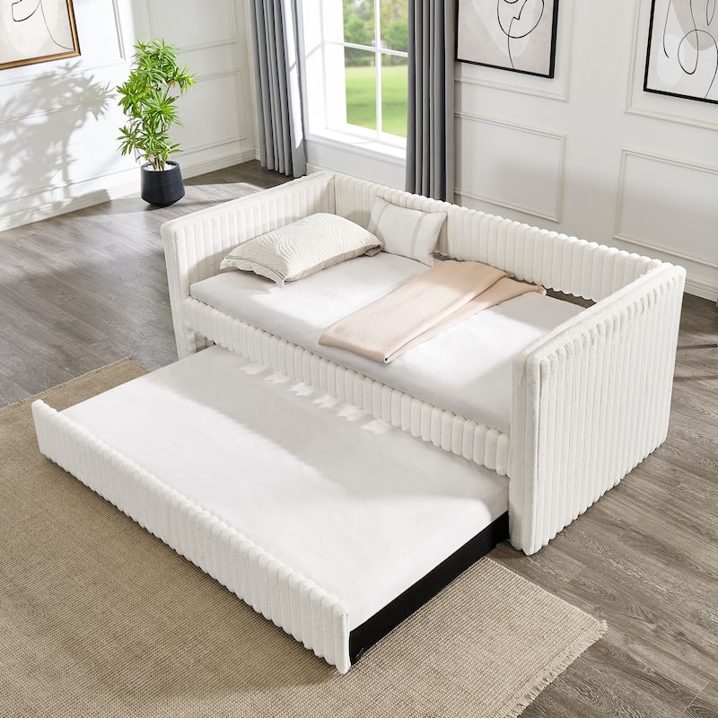 Twin Upholstered Daybed with Pull-Out Trundle, Modern Striped Corduroy Fabric Sofa Bed with Armrests, Space-Saving Sleeper