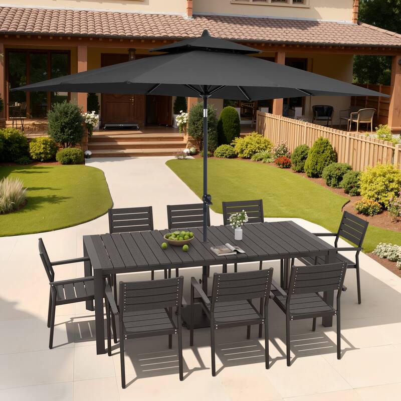 9/11-Piece Patio Dining Set Aluminum Dining Table and Chairs w/10 ft Market Umbrella and Base with Wheels - Set of 11 - Black Table with Black Umbrella