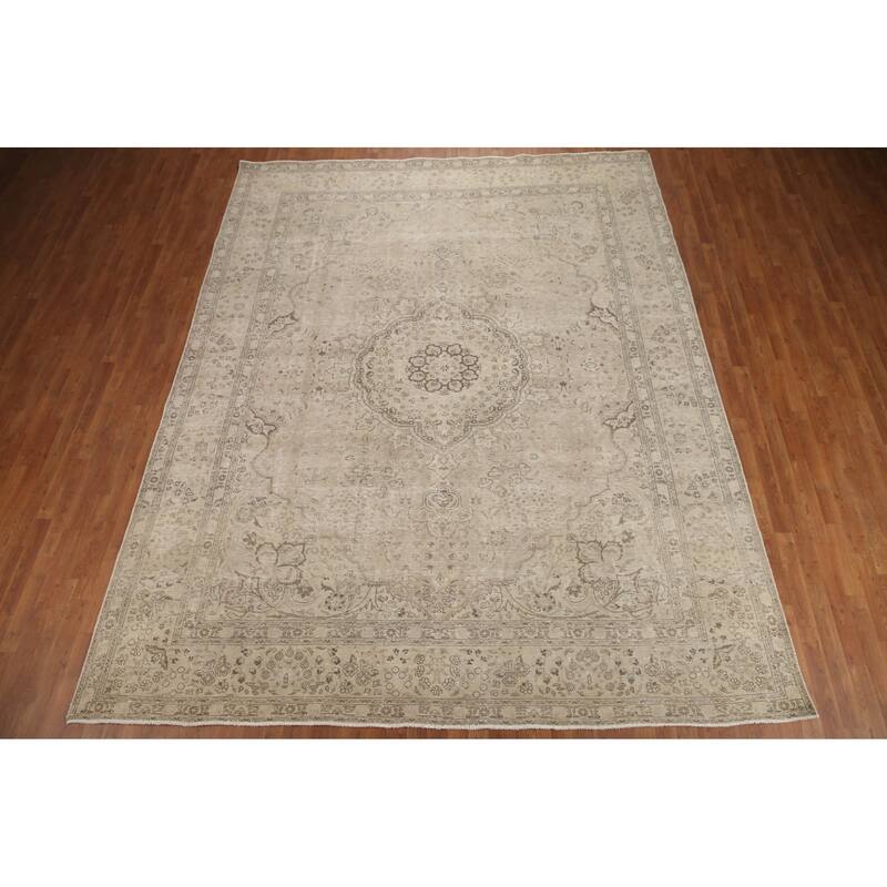 Hand Knotted Oriental 100% Wool Carpet Traditional Floral Beige & Ivories Tabriz Area Rug - 12' 4'' X 9' 10''