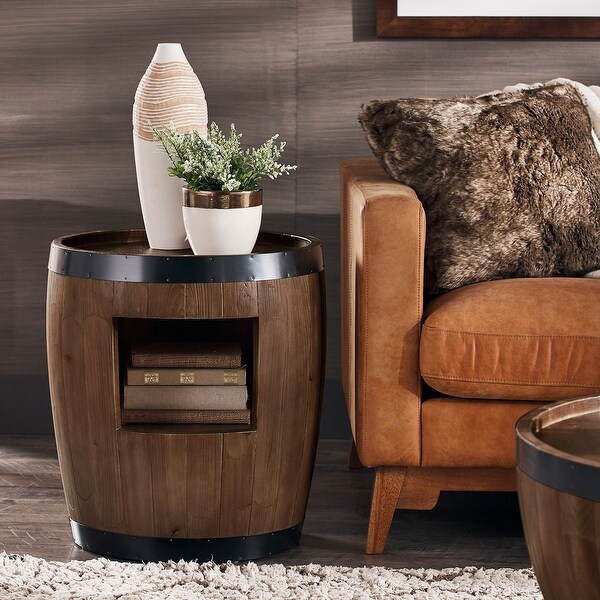 Byron Wood and Metal Wine Barrel Shape End Table by iNSPIRE Q