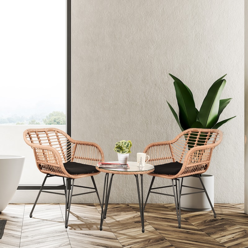 Outdoor Wicker Chairs Conversation Set with Cushions (Set of 3) - 21.26''L x 23.62''W x 31.5''H - 21.26''L x 23.62''W x 31.5''H - Yellow
