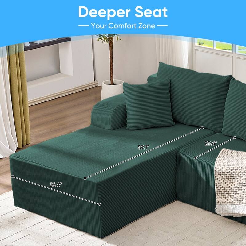 Mixoy 2-Pcs Free Combination Modular Sectional Sofas with Deep Seat,Corduroy L-Shaped Sofa with Chaise Lounge - 3-Seater