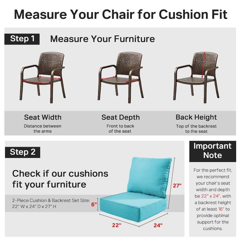 22" W x 24" D x 6" T Water & Fade Resistant Outdoor Lounge Chair Replacement Cushion Set
