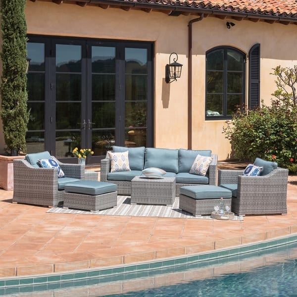 slide 11 of 23, Corvus Martinka 9-piece Cushioned Wicker Patio Chat Set Light Blue