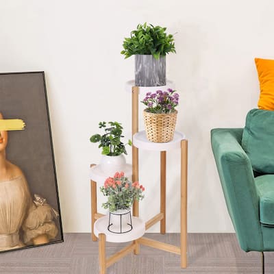 4-Tier Bamboo Plant Stand Flower Succulents Potted with Round White Shelf