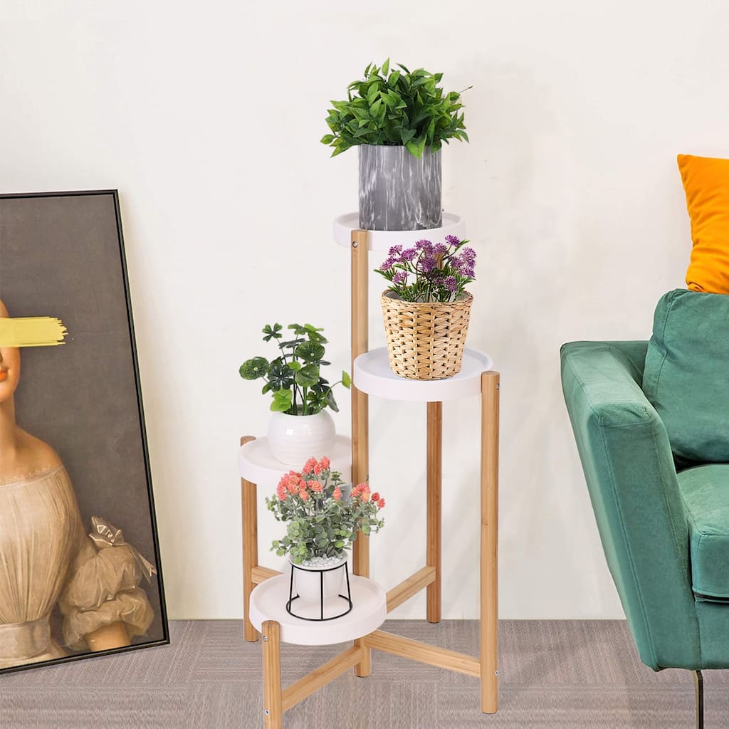4-Tier Bamboo Plant Stand Flower Succulents Potted with Round White Shelf