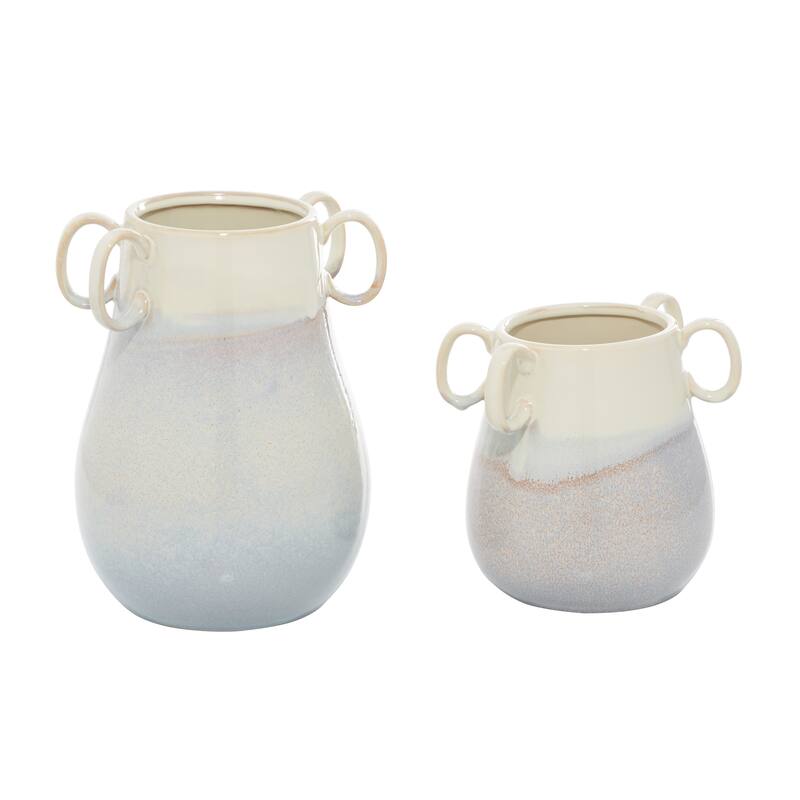 White Ceramic Decorative Vase with Handles (Set of 2) - 10 x 9 x 12