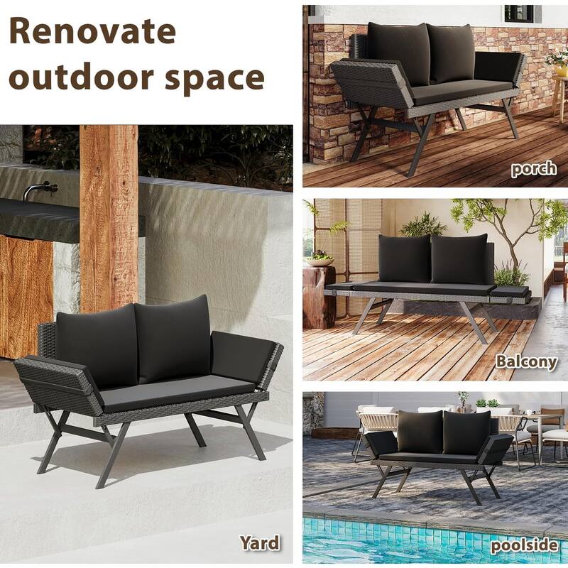 BOSSIN All-Weather Rattan Convertible Daybed - Outdoor Sofa w/ Adjustable Arms & Waterproof Cushions - Patio, Poolside, Porch