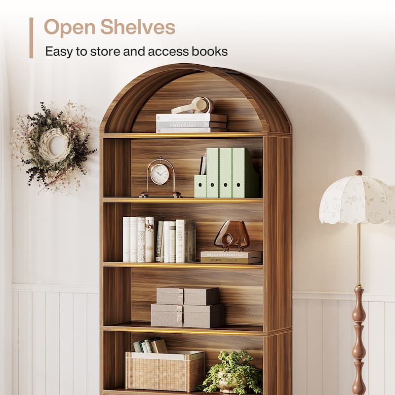 5-Tier White Arched Bookshelf with File Cabinet Drawer, 76.8" Tall Freestanding Wooden Bookcase