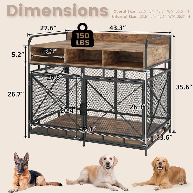 BOSSIN Large Dog Crate Furniture,Wooden Dog Kennel Table with Storage Drawers, Heavy Duty Metal Mesh,Decorative Pet House Indoor