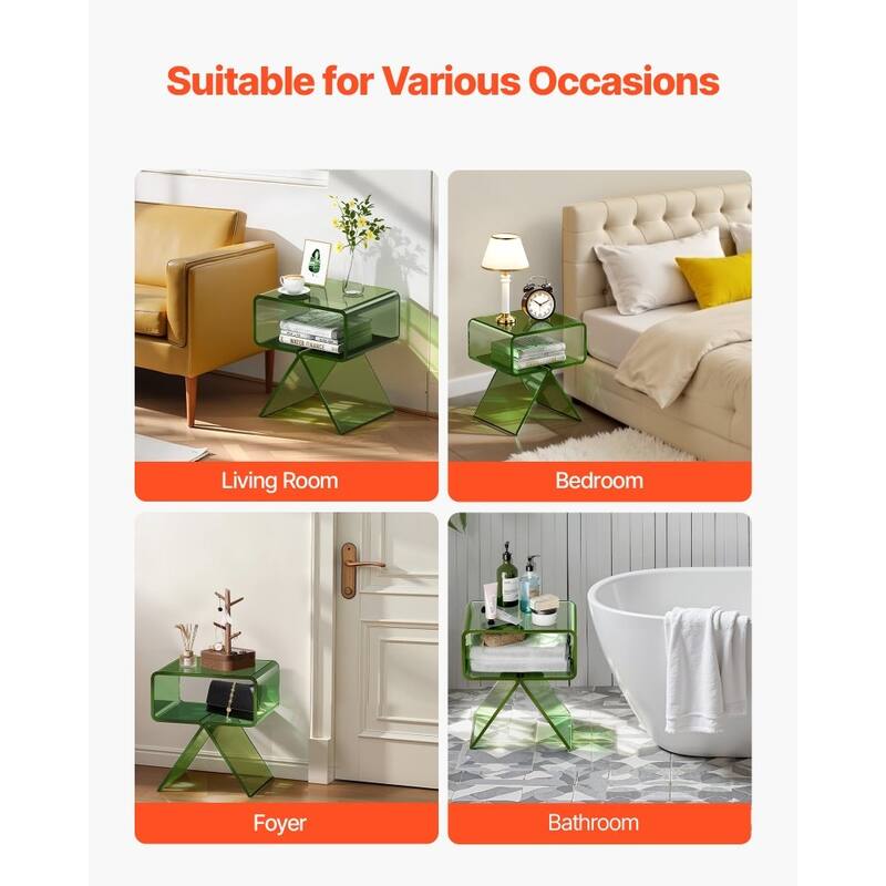 Transparent Green Acrylic Side Table with 2-Tier Storage and Sturdy Design - 11.8 x 15.4 x 17 in