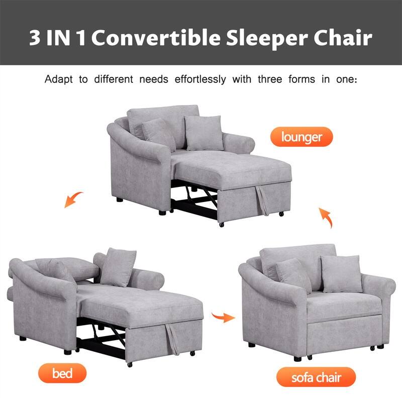 3-in-1 Convertible Sleeper Chair with Adjustable Backrest, Chenille Chair Bed Single Lounger Chair for Living Room