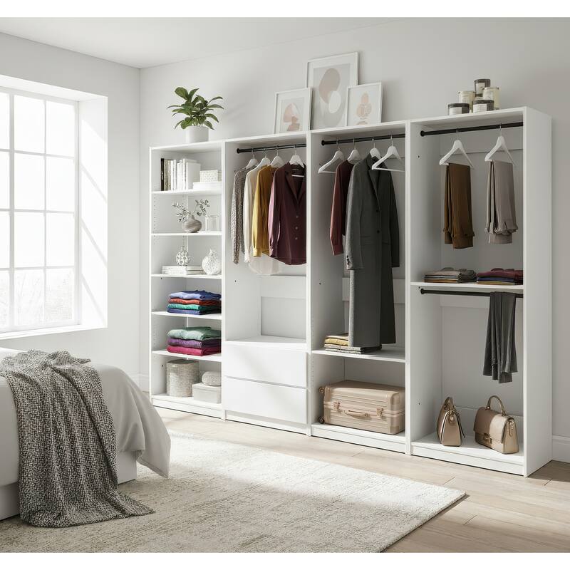 Prosper White Freestanding Walk in Wood Closet System - 125.6"W x 15.7"D x 83" H