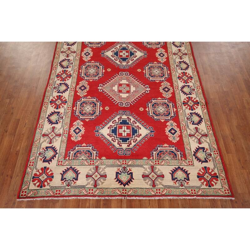 Geometric Kazak Rug Hand-Knotted Bedroom Red Wool Carpet - 5'9" x 7'7"