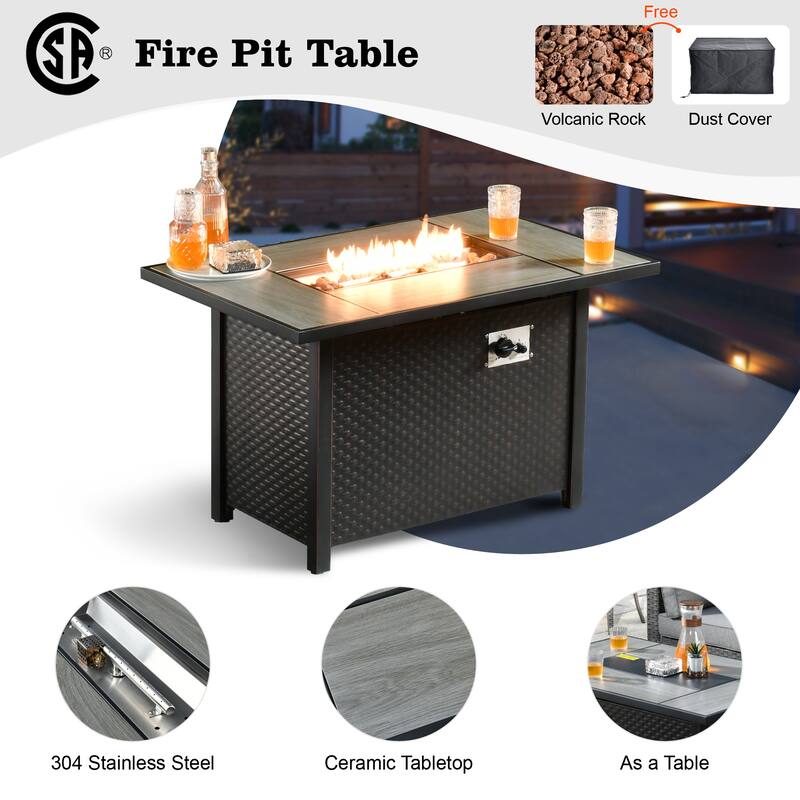 HOOOWOOO 9-piece Grey Rattan Outdoor Furniture Fire Pit Set with Swivel Chairs