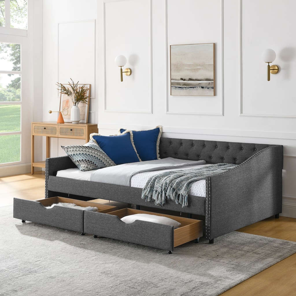 Anmytek Tufted Daybed with Storage Drawers Twin Size Upholstered Sleeper Modern Guest Bed for Small Spaces