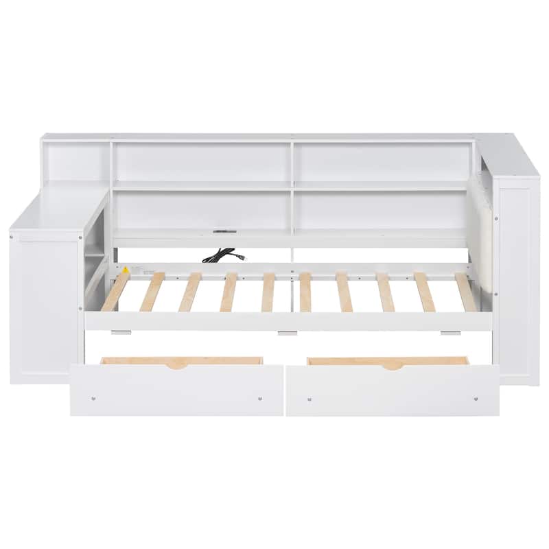 Twin / Full Wood Platform Bed with Storage Shelves Drawers LED Light Desk and Upholstered Headboard