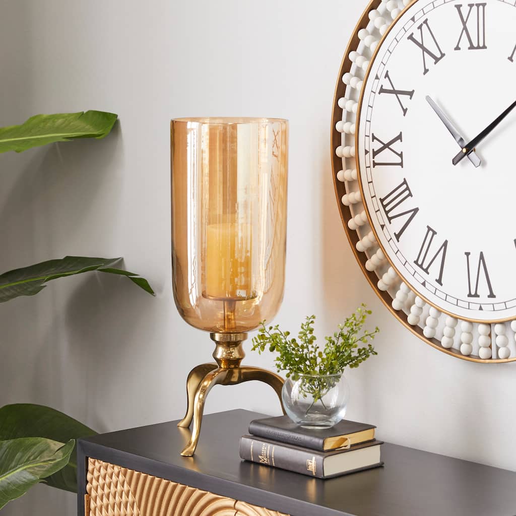 Gold Aluminum Metal Single Candle Hurricane Lamp - 9 x 8 x 19