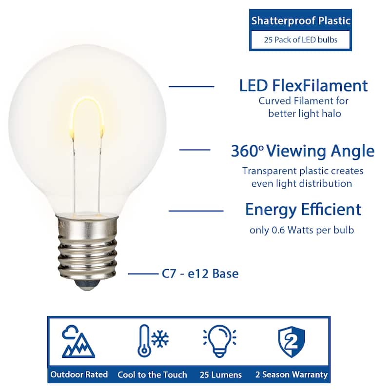 25 Pack LED G40 Plastic Filament Outdoor Globe Replacement Bulbs