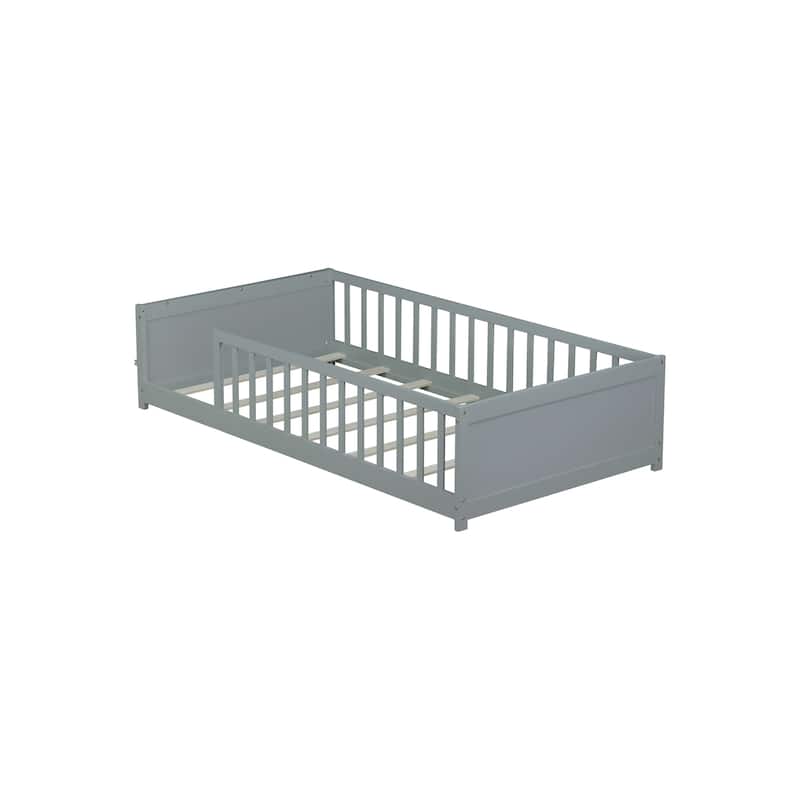 Roomfitters Twin Floor Platform Bed with Built-in Book Rack, Rubber Wood Frame, Low Profile Design with Guardrails