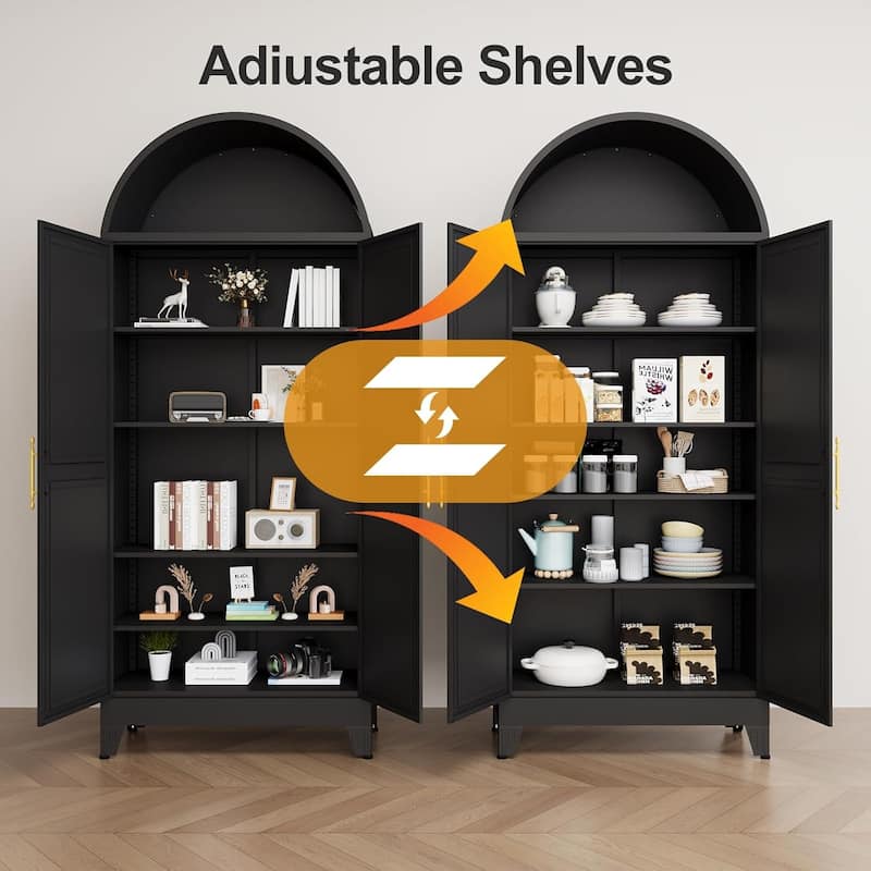 73"H Metal Arched Kitchen Pantry Cabinet with 2 Door and Adjustable Shelves