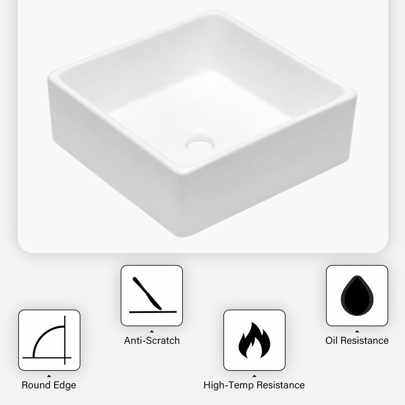 Sleek Square Bathroom Vessel Sink - Contemporary Design, Durable Ceramic, and Easy Countertop Installation - 15in L