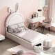 preview thumbnail 3 of 42, Velvet Upholstered Bed with Rabbit Ears Shaped Headboard, Kids Cute Bed Frame, Platform Bed with 2 Storage Stools