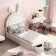 preview thumbnail 2 of 42, Velvet Upholstered Rabbit-Shape Princess Bed, Cute Platform Bed w2 Storage Stools & Headboard & Footboard for Kids