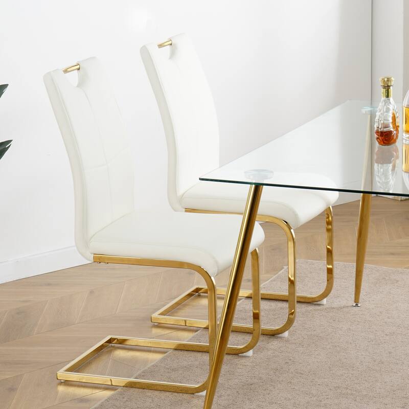 Modern Dining Chairs with Faux Leather Padded Seat - White+Golden - Set of 2