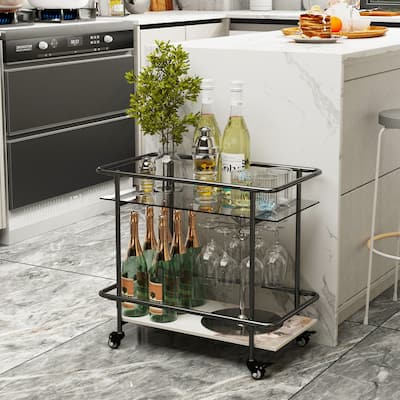 2 Tier Side Table Mobile Trolley Bar Cart Storage with Tempered Glass Top and Marble Bottom