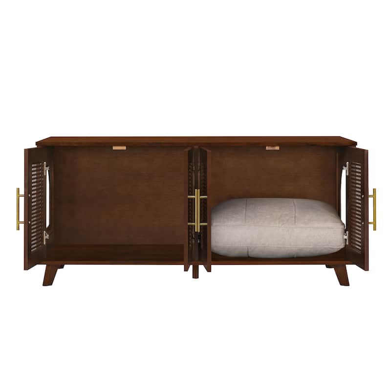 Christopher Knight Home - 47"W Rubber Wood Cat Cabinet with Rattan Doors & Cushion