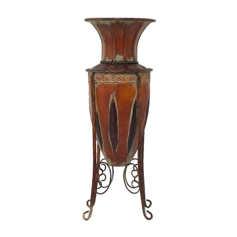 Metal Tall Vase with Attached Metal Stand and Intricate Design - Brown - Roche River Decor - 9"W x 9"L x 27"H