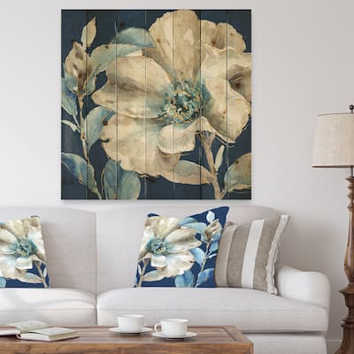Designart 'Indigold Watercolor Flower I' Farmhouse Print on Natural Pine Wood - Grey