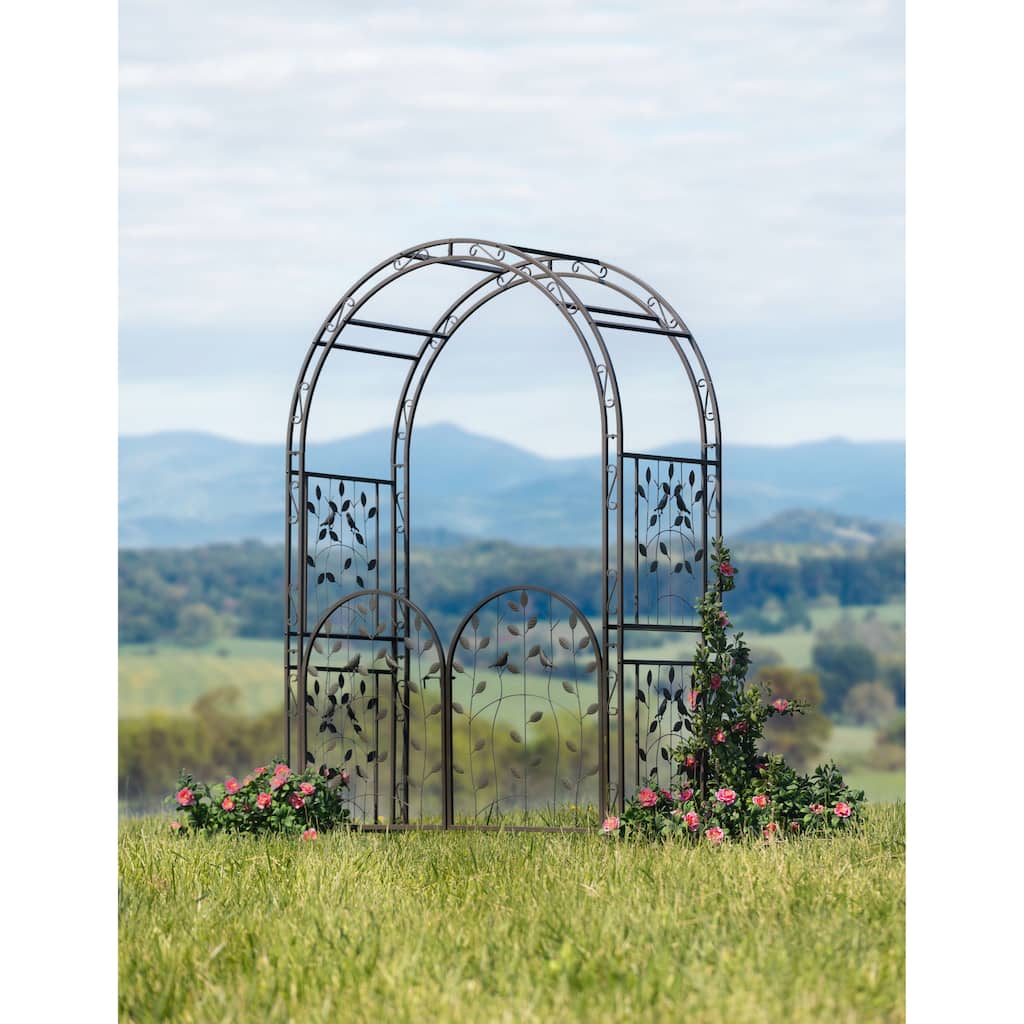 84 in. x 54 in. Metal Leaves and Birds Arbor with Gate