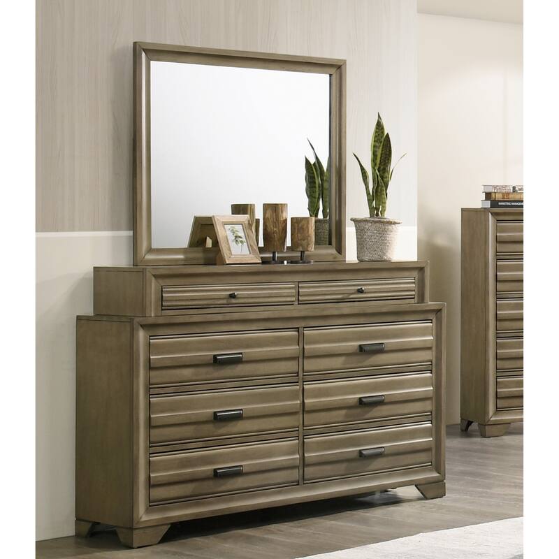 Roundhill Furniture Loiret Rubbed Gray Oak Finish Wood Storage Platform Bedroom Set with Dresser, Mirror, Two Nightstands