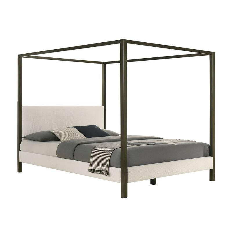 Upholstered Canopy Bed in Vanilla White and Brown - King