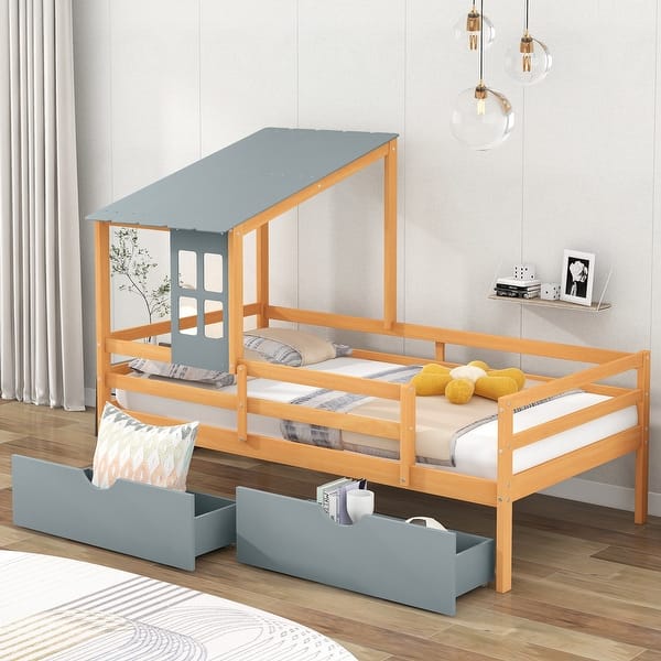 Twin Size House Low Loft Bed with Two Storage Drawers and Sturdy Wood ...