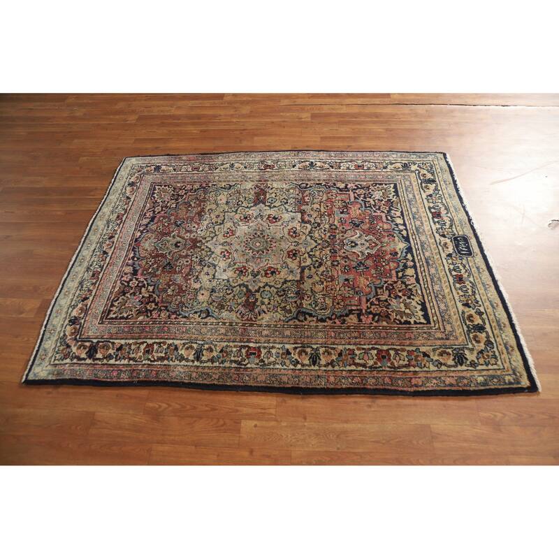 Hand Knotted Oriental 100% Wool Carpet Traditional Medallion Multi-Colored Mashad Area Rug - 5' 4'' X 4' 3''