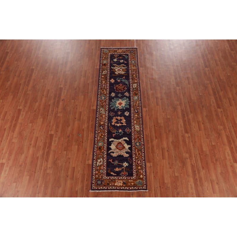 Hand Knotted Oriental 100% Wool Carpet Transitional Floral Purples Oushak Runner Rug - 9' 11'' X 2' 8''