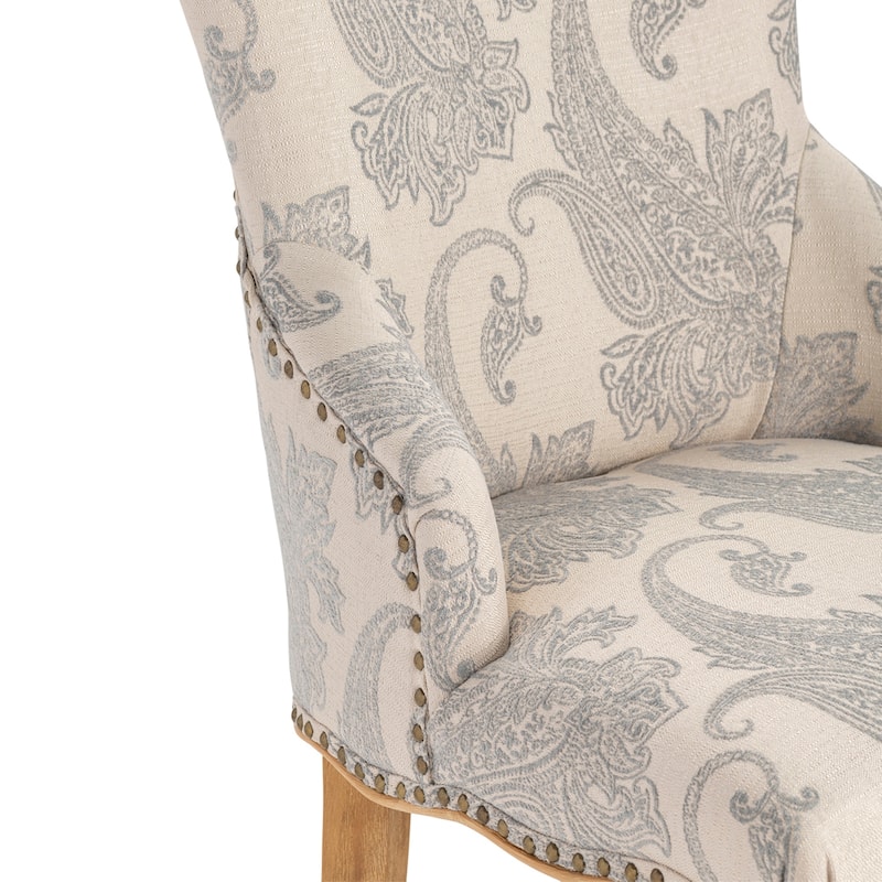 Gray and Cream Upholstered Accent Side Chair with Brown Solid Wood Frame