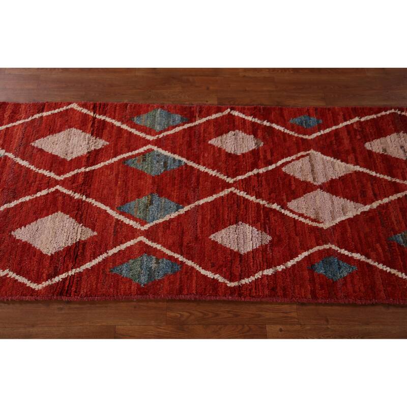 Geometric Moroccan Oriental Runner Rug Handmade Wool Carpet - 2'9" x 9'8"