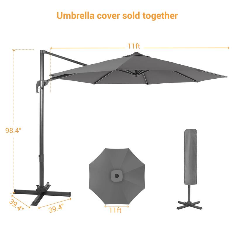 LIVOOSUN 11FT Cantilever Patio Umbrella 240g Solution-Dyed Fabric