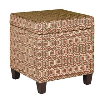 Geometric Patterned Square Wooden Ottoman with Lift Off Lid Storage, Orange and Cream