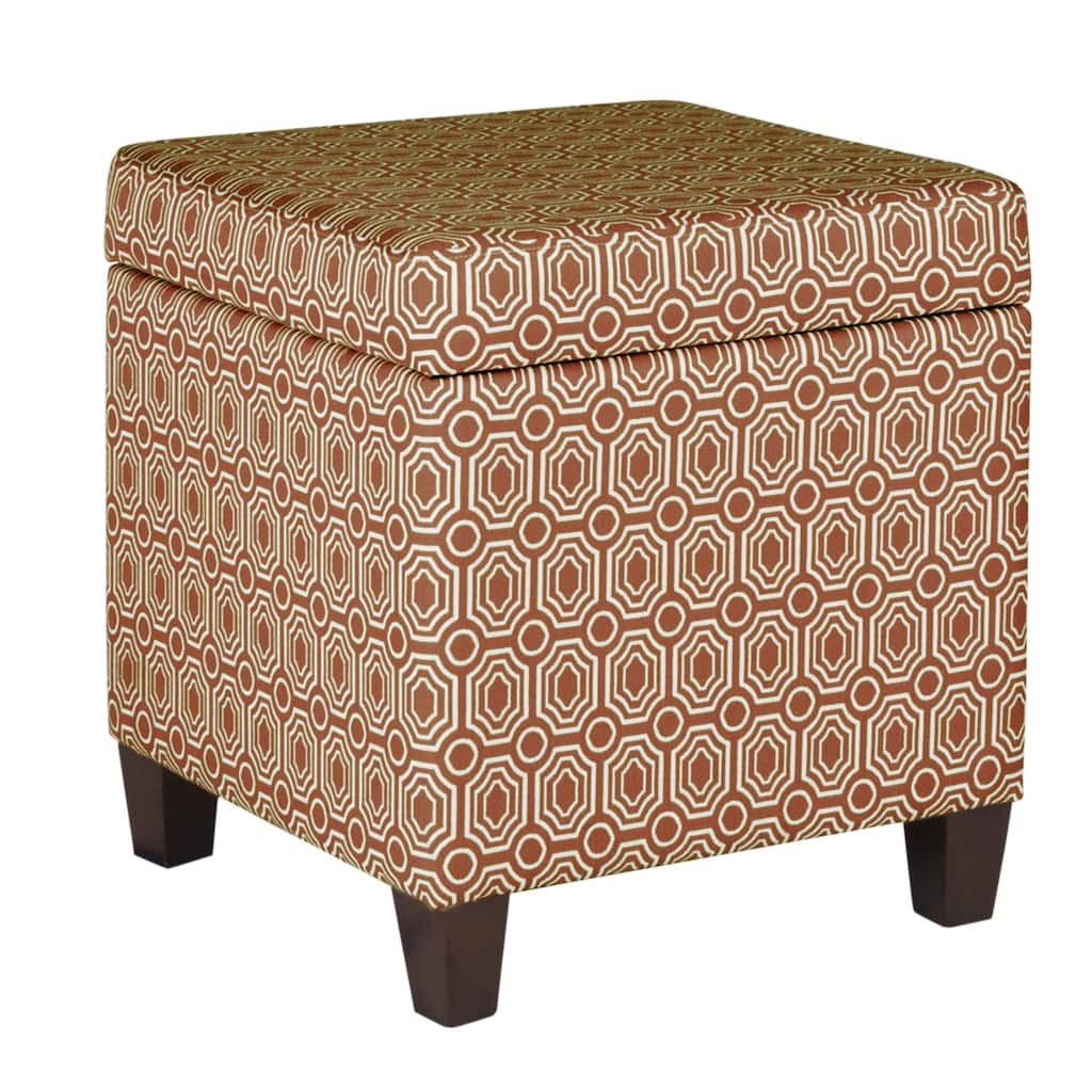 Geometric Patterned Square Wooden Ottoman with Lift Off Lid Storage, Orange and Cream
