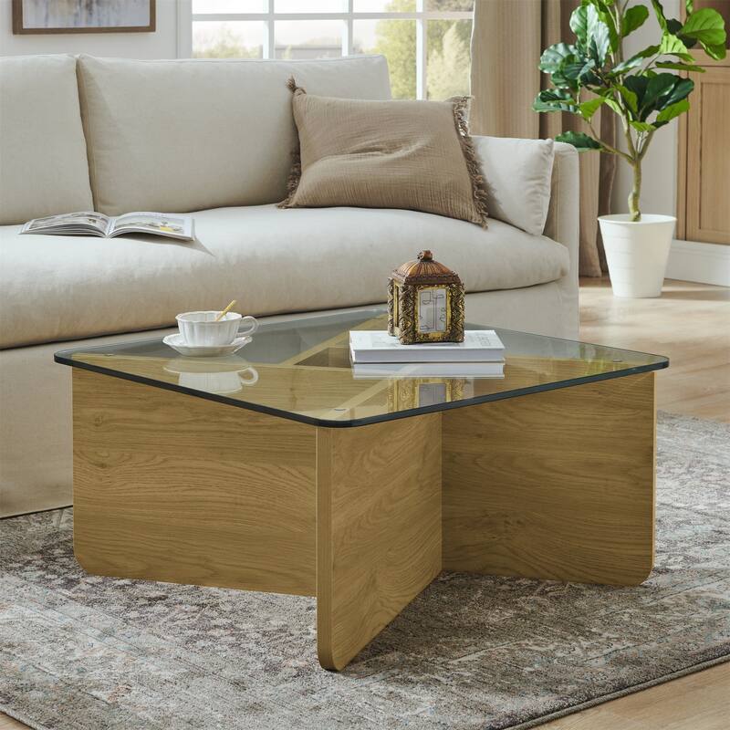 Mid-Century Modern Coffee Table with Sturdy Construction and Versatile Use - Natural Wood - Glass