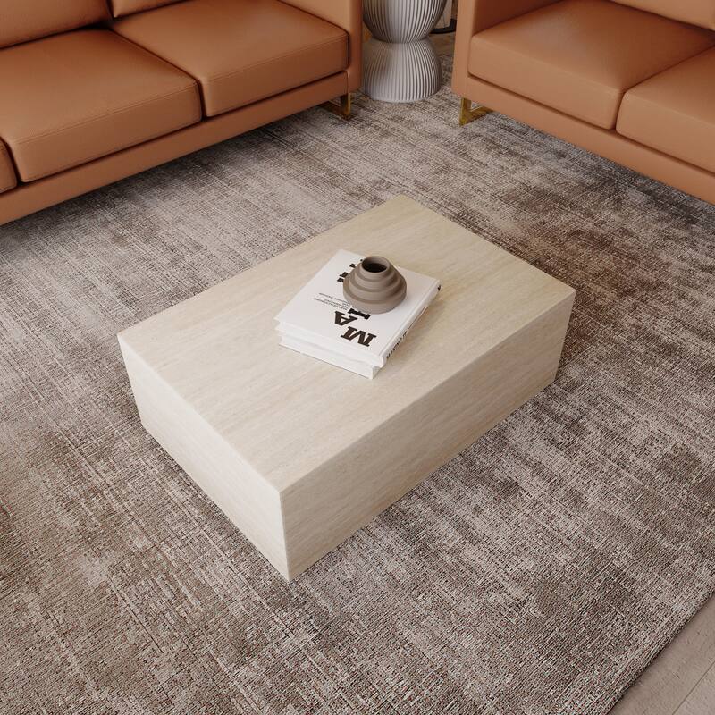 Maya Rectangular Coffee Table in Fiberstone for Indoor and Outdoor Modern Accent Center Table - 11.8" H x 23.6" W x 35.4" D