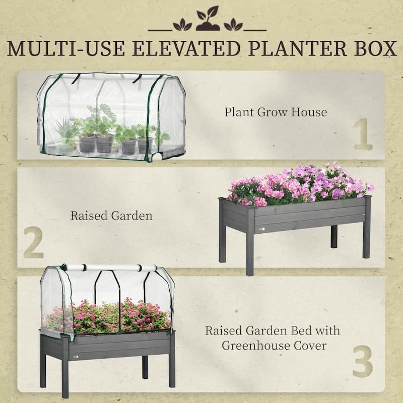 Outsunny Raised Garden Bed with PE Greenhouse Cover Outdoor Elevated Wood Planter Box for Herbs and Vegetables