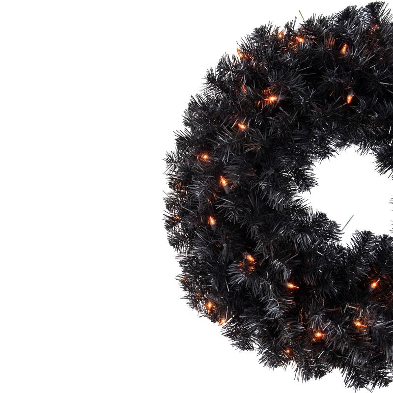 Pre-Lit Black Noble Spruce Artificial Halloween Wreath 24-Inch Orange Lights